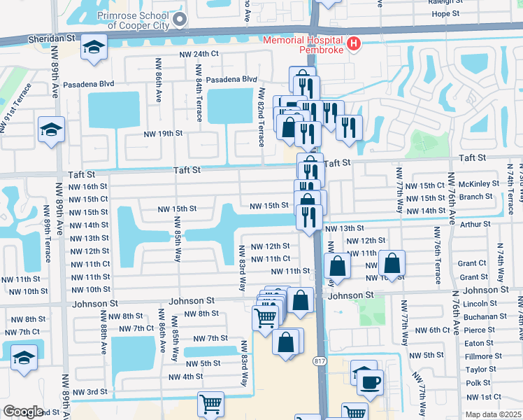map of restaurants, bars, coffee shops, grocery stores, and more near 8211 Northwest 13th Street in Pembroke Pines