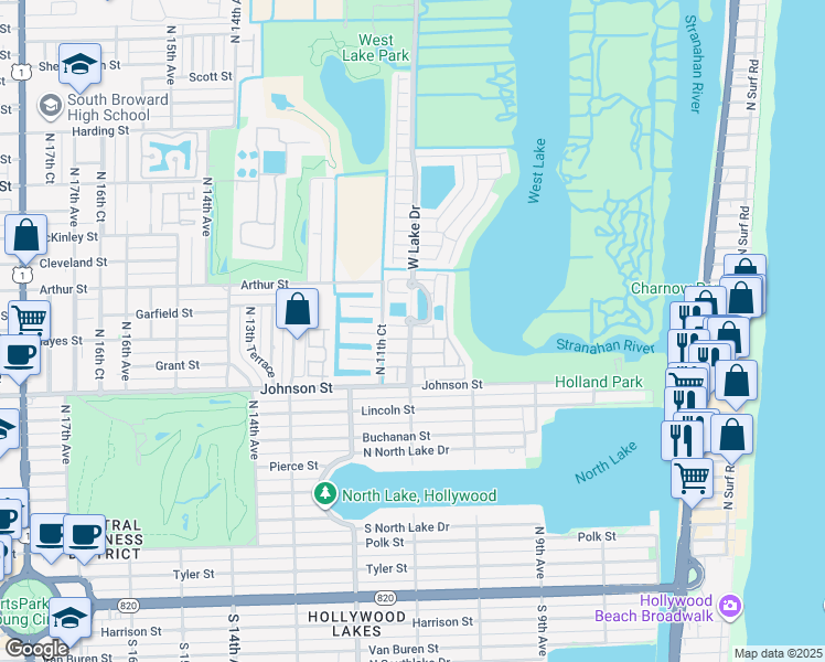 map of restaurants, bars, coffee shops, grocery stores, and more near 1105 Satinleaf Street in Hollywood