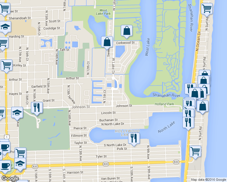 map of restaurants, bars, coffee shops, grocery stores, and more near 1105 Satinleaf Street in Hollywood