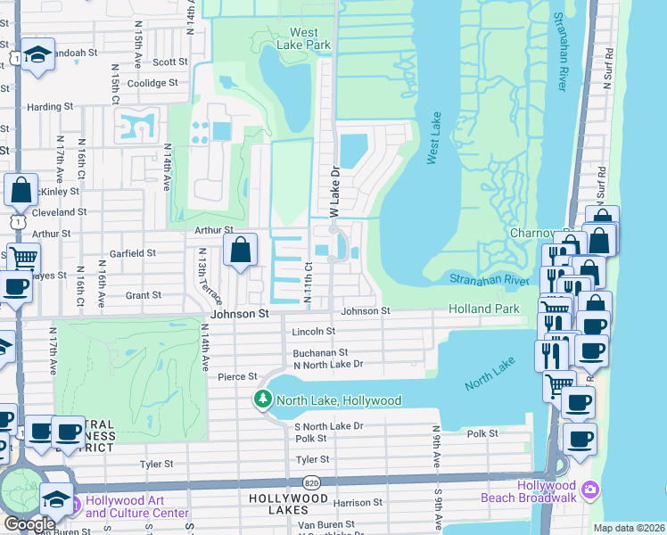 map of restaurants, bars, coffee shops, grocery stores, and more near 1105 Satinleaf Street in Hollywood