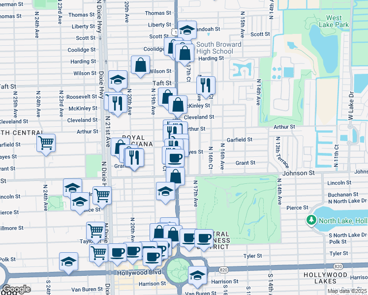 map of restaurants, bars, coffee shops, grocery stores, and more near 1025 North 17th Court in Hollywood