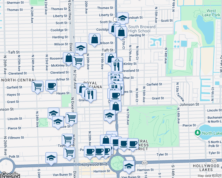 map of restaurants, bars, coffee shops, grocery stores, and more near 1050 South Federal Highway in Hollywood