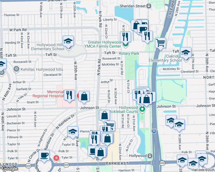 map of restaurants, bars, coffee shops, grocery stores, and more near 1006 North 32nd Avenue in Hollywood