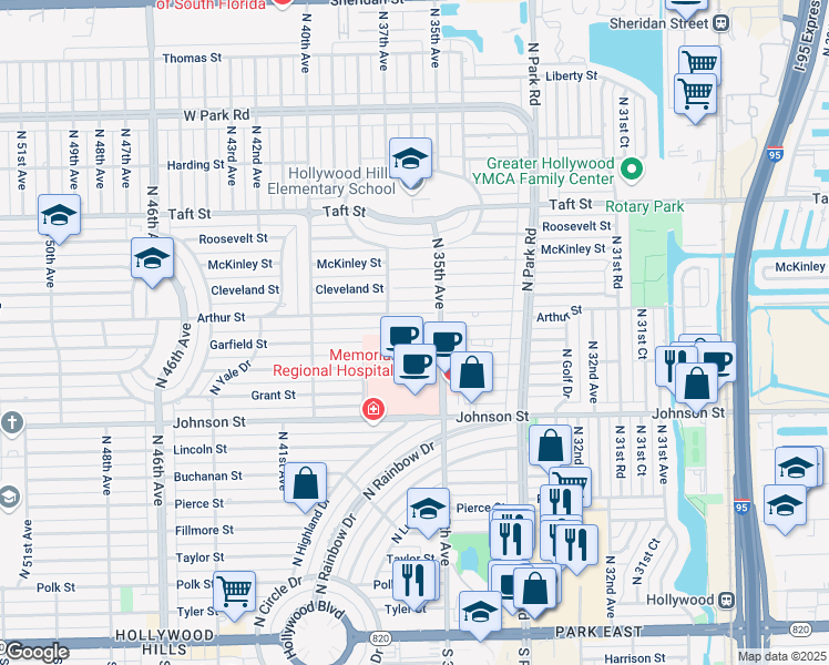 map of restaurants, bars, coffee shops, grocery stores, and more near 1150 North 35th Avenue in Hollywood