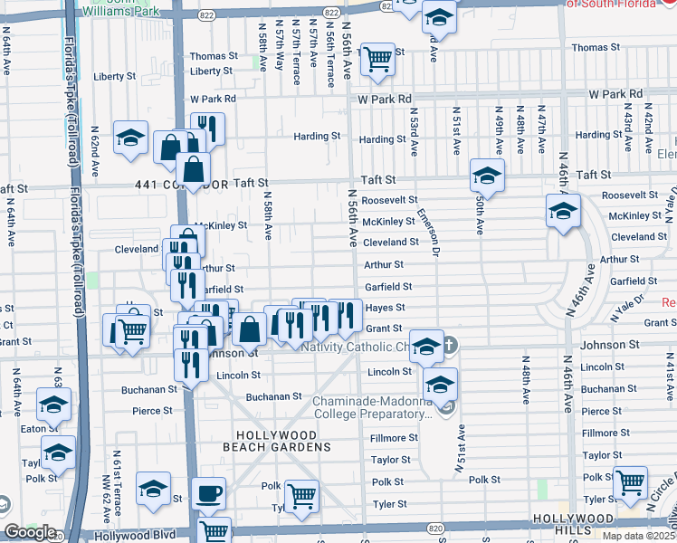 map of restaurants, bars, coffee shops, grocery stores, and more near 5616 Garfield Street in Hollywood