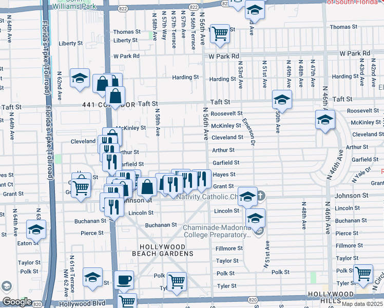 map of restaurants, bars, coffee shops, grocery stores, and more near 5616 Garfield Street in Hollywood