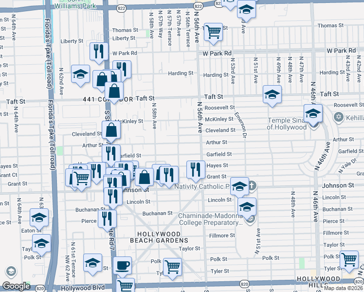map of restaurants, bars, coffee shops, grocery stores, and more near 5701-5705 Garfield Street in Hollywood