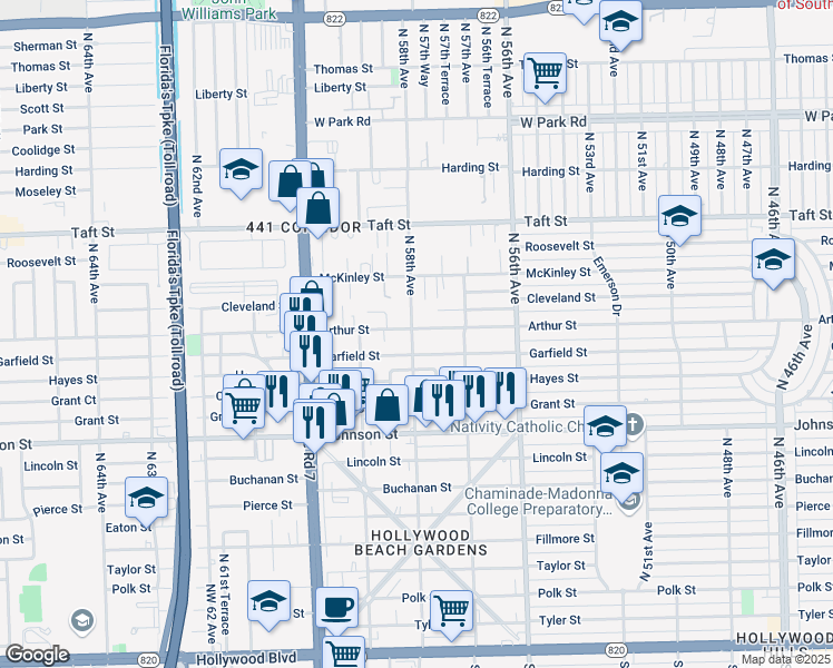 map of restaurants, bars, coffee shops, grocery stores, and more near 5745 Garfield Street in Hollywood