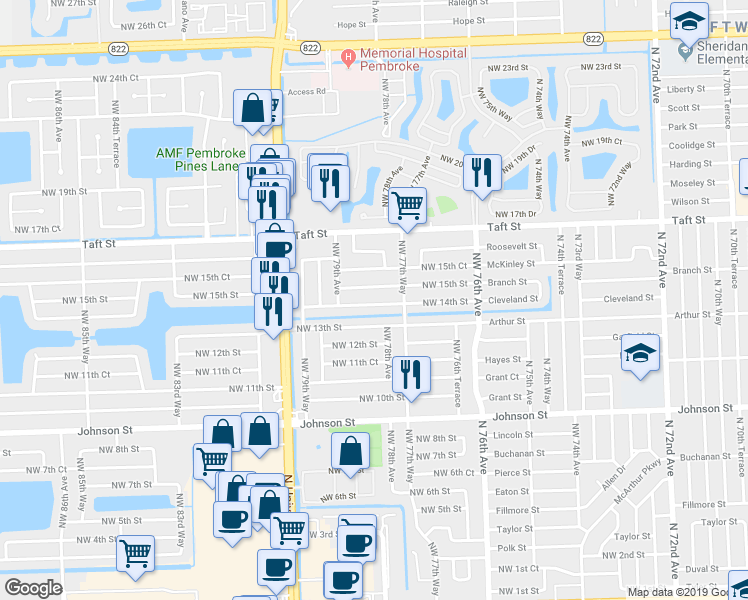 map of restaurants, bars, coffee shops, grocery stores, and more near 7781 Northwest 13th Street in Pembroke Pines