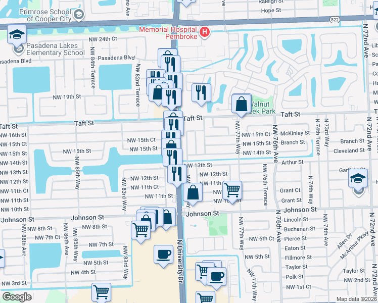 map of restaurants, bars, coffee shops, grocery stores, and more near 7941 Northwest 13th Street in Pembroke Pines