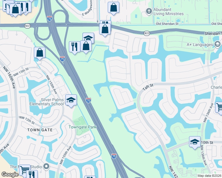 map of restaurants, bars, coffee shops, grocery stores, and more near 1664 Northwest 144th Way in Pembroke Pines