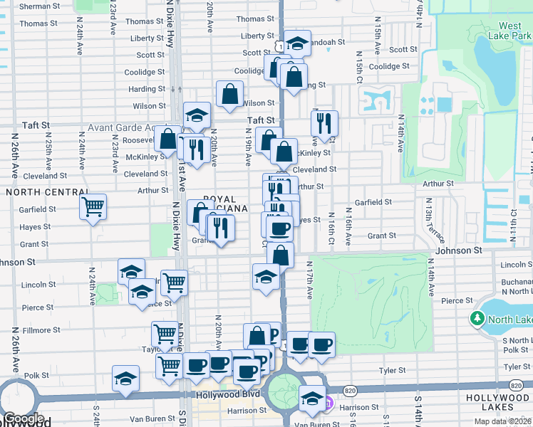 map of restaurants, bars, coffee shops, grocery stores, and more near 1050 South Federal Highway in Hollywood