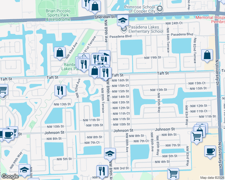 map of restaurants, bars, coffee shops, grocery stores, and more near 8861 Northwest 14th Street in Pembroke Pines
