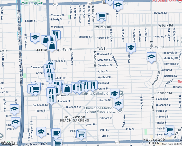 map of restaurants, bars, coffee shops, grocery stores, and more near 5616 Garfield Street in Hollywood