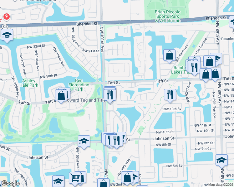 map of restaurants, bars, coffee shops, grocery stores, and more near 9878 Northwest 16th Court in Pembroke Pines