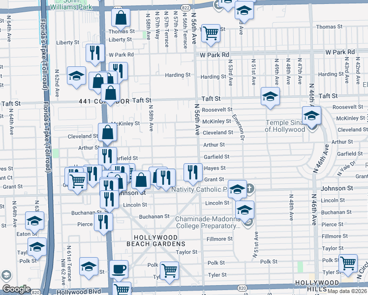 map of restaurants, bars, coffee shops, grocery stores, and more near 5610 Cleveland Street in Hollywood