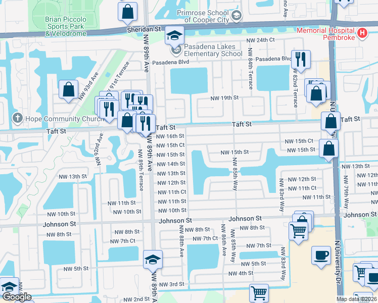 map of restaurants, bars, coffee shops, grocery stores, and more near 8711 Northwest 15th Court in Pembroke Pines