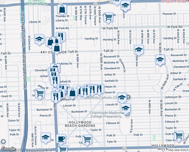 map of restaurants, bars, coffee shops, grocery stores, and more near 5636 Arthur Street in Hollywood
