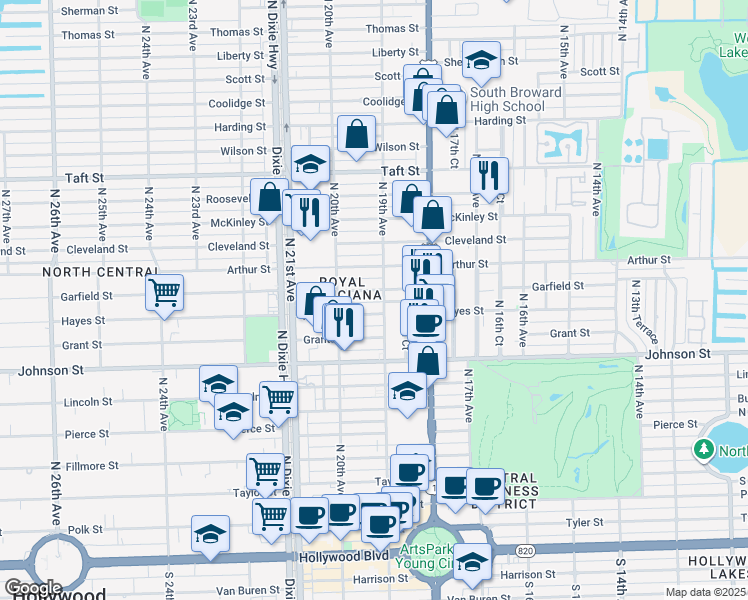 map of restaurants, bars, coffee shops, grocery stores, and more near 1845 Garfield Street in Hollywood