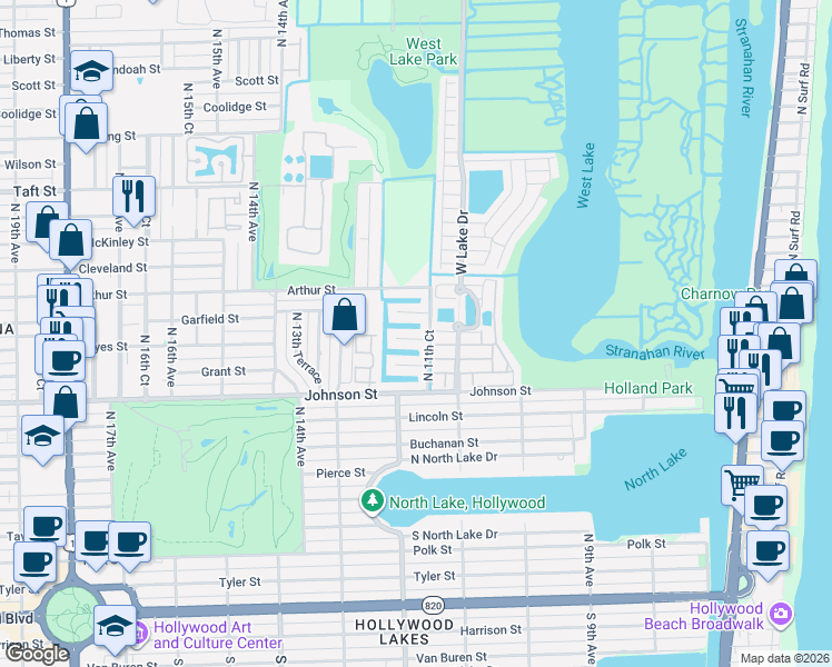 map of restaurants, bars, coffee shops, grocery stores, and more near 1162 Garfield Street in Hollywood