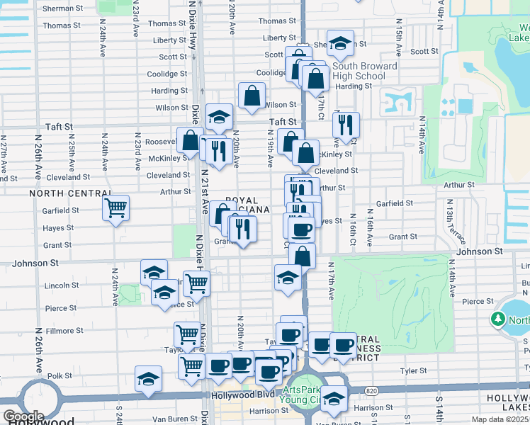 map of restaurants, bars, coffee shops, grocery stores, and more near 1845 Garfield Street in Hollywood