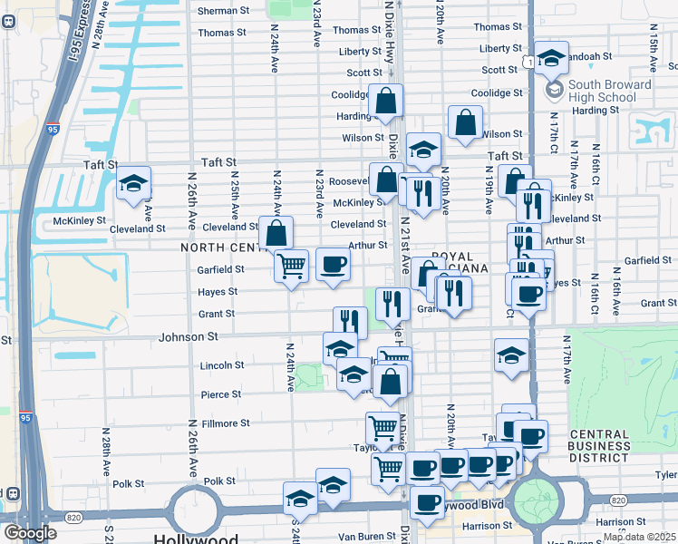 map of restaurants, bars, coffee shops, grocery stores, and more near 2234 Arthur Street in Hollywood