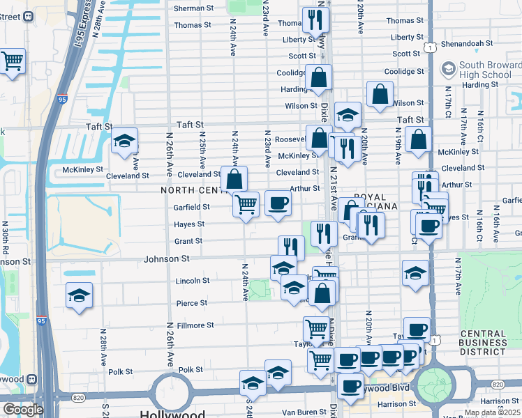 map of restaurants, bars, coffee shops, grocery stores, and more near 2320 Arthur Street in Hollywood
