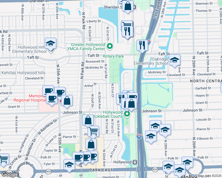 map of restaurants, bars, coffee shops, grocery stores, and more near 1040 North 31st Road in Hollywood