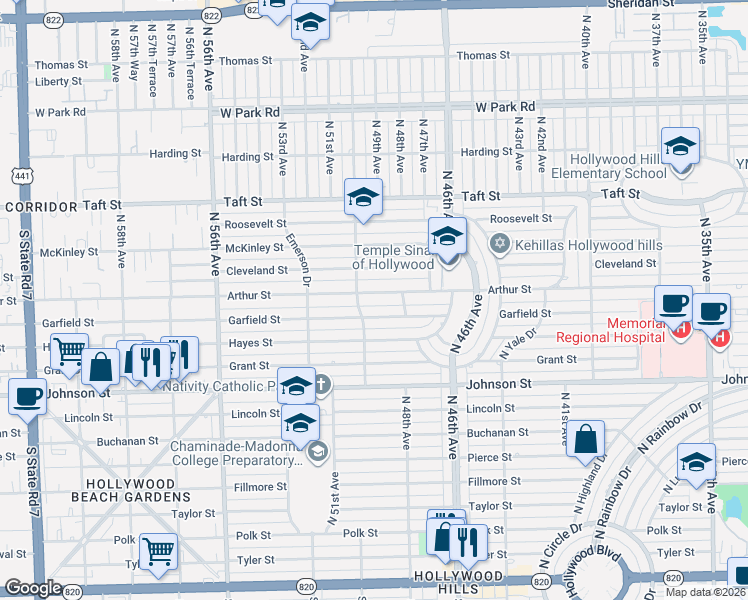 map of restaurants, bars, coffee shops, grocery stores, and more near 4907 Arthur Street in Hollywood