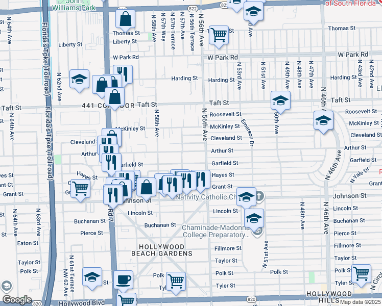 map of restaurants, bars, coffee shops, grocery stores, and more near 5610 Cleveland Street in Hollywood