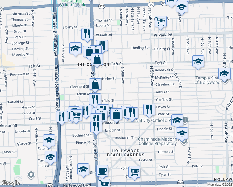 map of restaurants, bars, coffee shops, grocery stores, and more near 5807 Cleveland Street in Hollywood