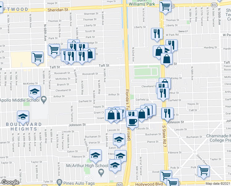 map of restaurants, bars, coffee shops, grocery stores, and more near 1321 North 63rd Avenue in Hollywood