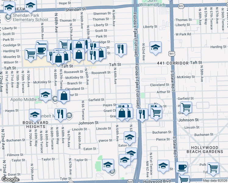 map of restaurants, bars, coffee shops, grocery stores, and more near 1410 Northwest 64th Way in Hollywood