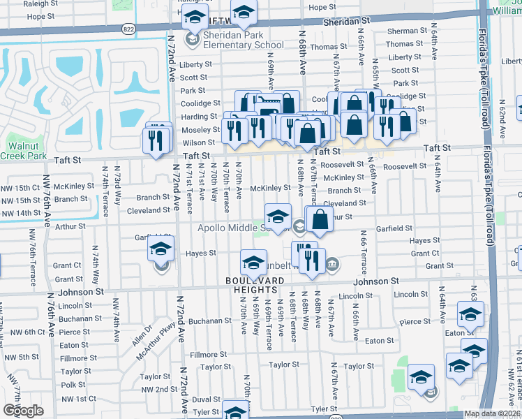 map of restaurants, bars, coffee shops, grocery stores, and more near 1421 North 69th Way in Hollywood