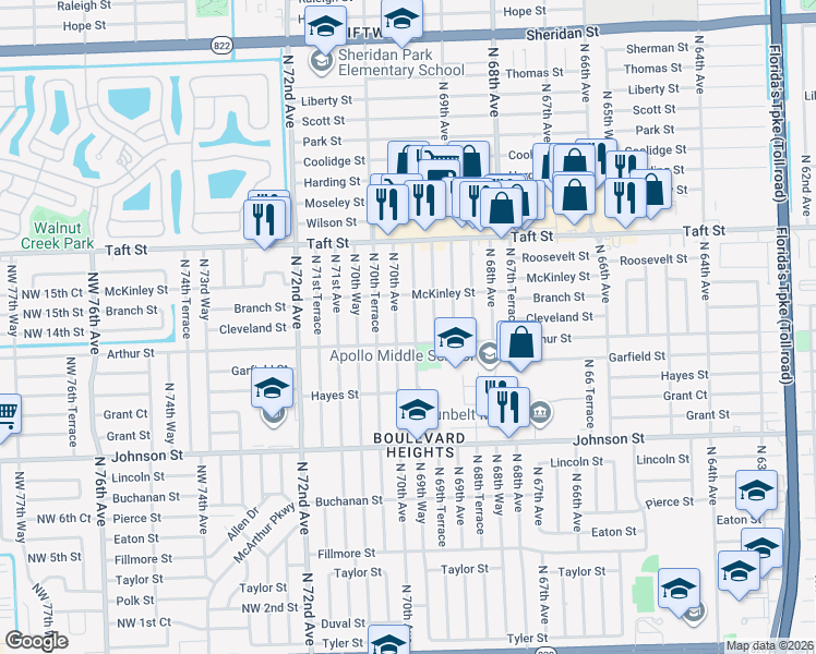 map of restaurants, bars, coffee shops, grocery stores, and more near 1421 North 69th Way in Hollywood