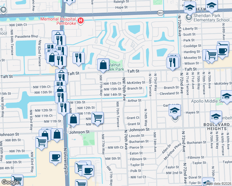 map of restaurants, bars, coffee shops, grocery stores, and more near 7631 Northwest 15th Street in Pembroke Pines