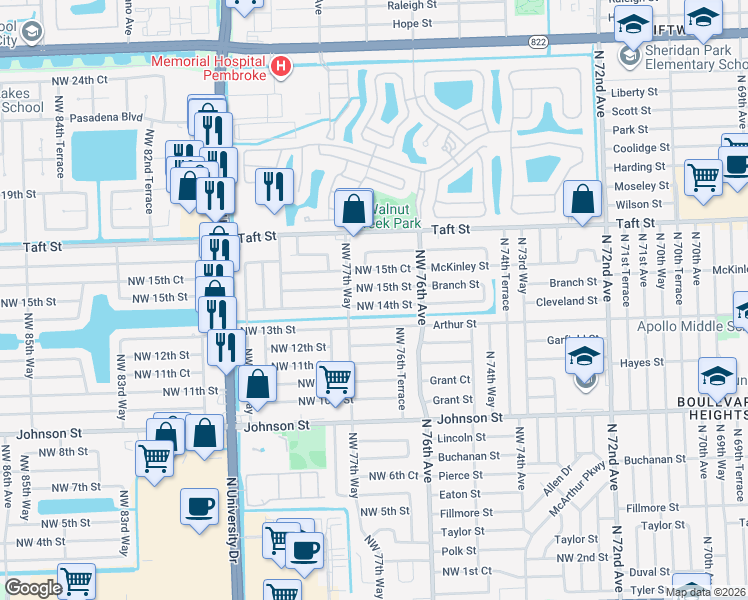 map of restaurants, bars, coffee shops, grocery stores, and more near 7711 Northwest 15th Street in Pembroke Pines