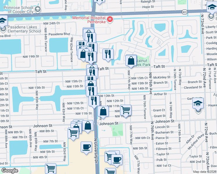 map of restaurants, bars, coffee shops, grocery stores, and more near 1521 Northwest 79th Terrace in Pembroke Pines