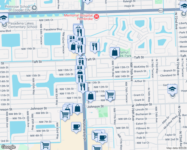 map of restaurants, bars, coffee shops, grocery stores, and more near 1521 Northwest 79th Terrace in Pembroke Pines