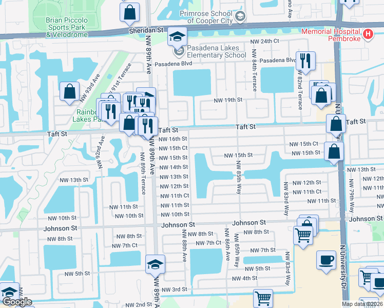 map of restaurants, bars, coffee shops, grocery stores, and more near 8711 Northwest 15th Court in Pembroke Pines