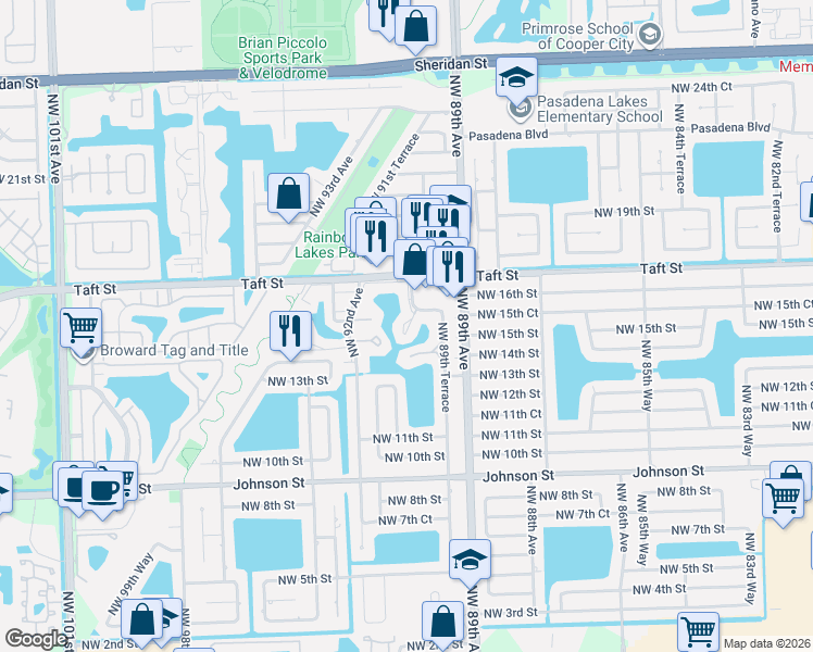 map of restaurants, bars, coffee shops, grocery stores, and more near 1561 Northwest 90th Way in Pembroke Pines