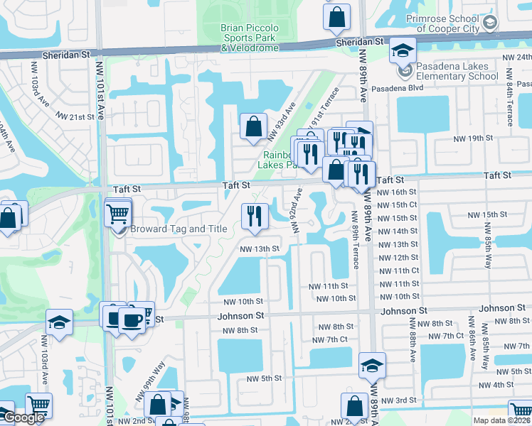 map of restaurants, bars, coffee shops, grocery stores, and more near 197 Northwest 95th Terrace in Pembroke Pines