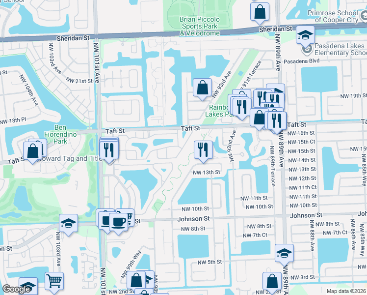 map of restaurants, bars, coffee shops, grocery stores, and more near 1654 Northwest 96th Avenue in Pembroke Pines