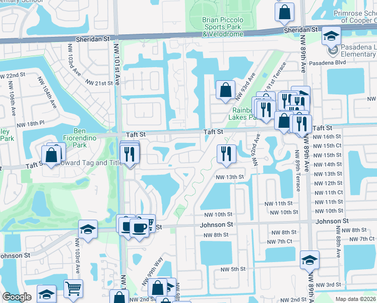 map of restaurants, bars, coffee shops, grocery stores, and more near 9630 Northwest 16th Court in Pembroke Pines