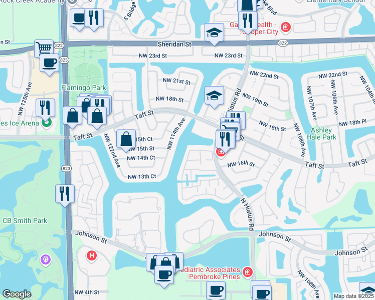map of restaurants, bars, coffee shops, grocery stores, and more near 1531 Northwest 114th Avenue in Pembroke Pines