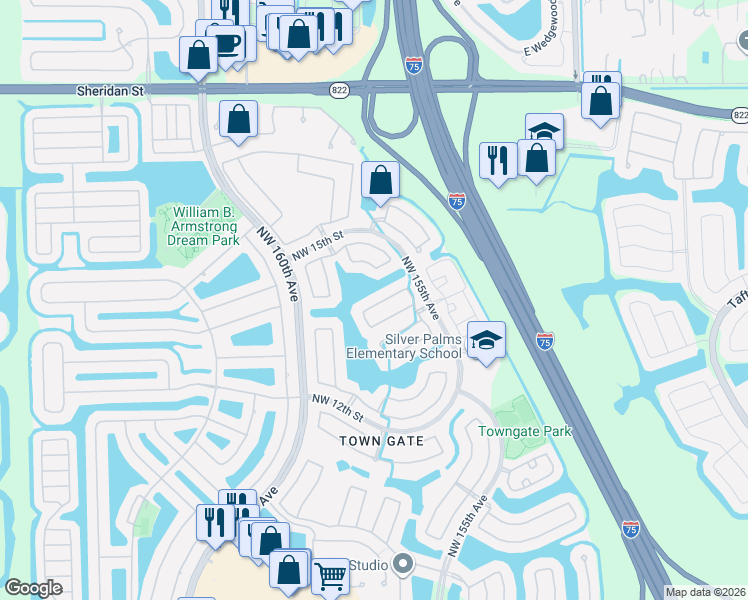 map of restaurants, bars, coffee shops, grocery stores, and more near 1402 Northwest 158th Avenue in Pembroke Pines