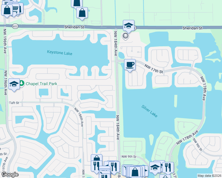 map of restaurants, bars, coffee shops, grocery stores, and more near 18433 Northwest 22nd Street in Pembroke Pines