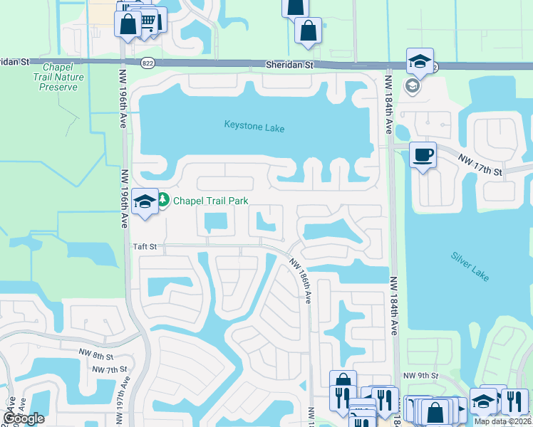 map of restaurants, bars, coffee shops, grocery stores, and more near 18831 Northwest 22nd Street in Pembroke Pines