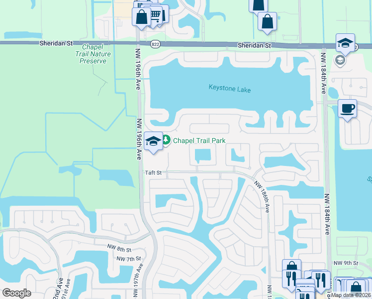 map of restaurants, bars, coffee shops, grocery stores, and more near 19253 Northwest 22nd Street in Pembroke Pines