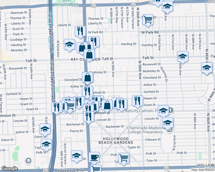 map of restaurants, bars, coffee shops, grocery stores, and more near 5807 Cleveland Street in Hollywood